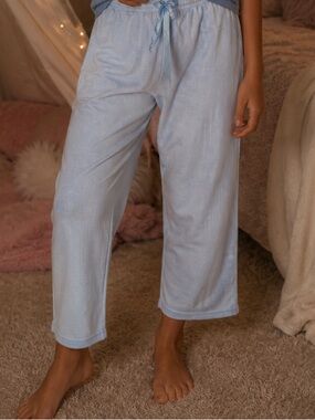 Pajamas Lounge Pants Sleepover Cozy Blue Ribbed Pajama Bottoms Girl Size M 10-12